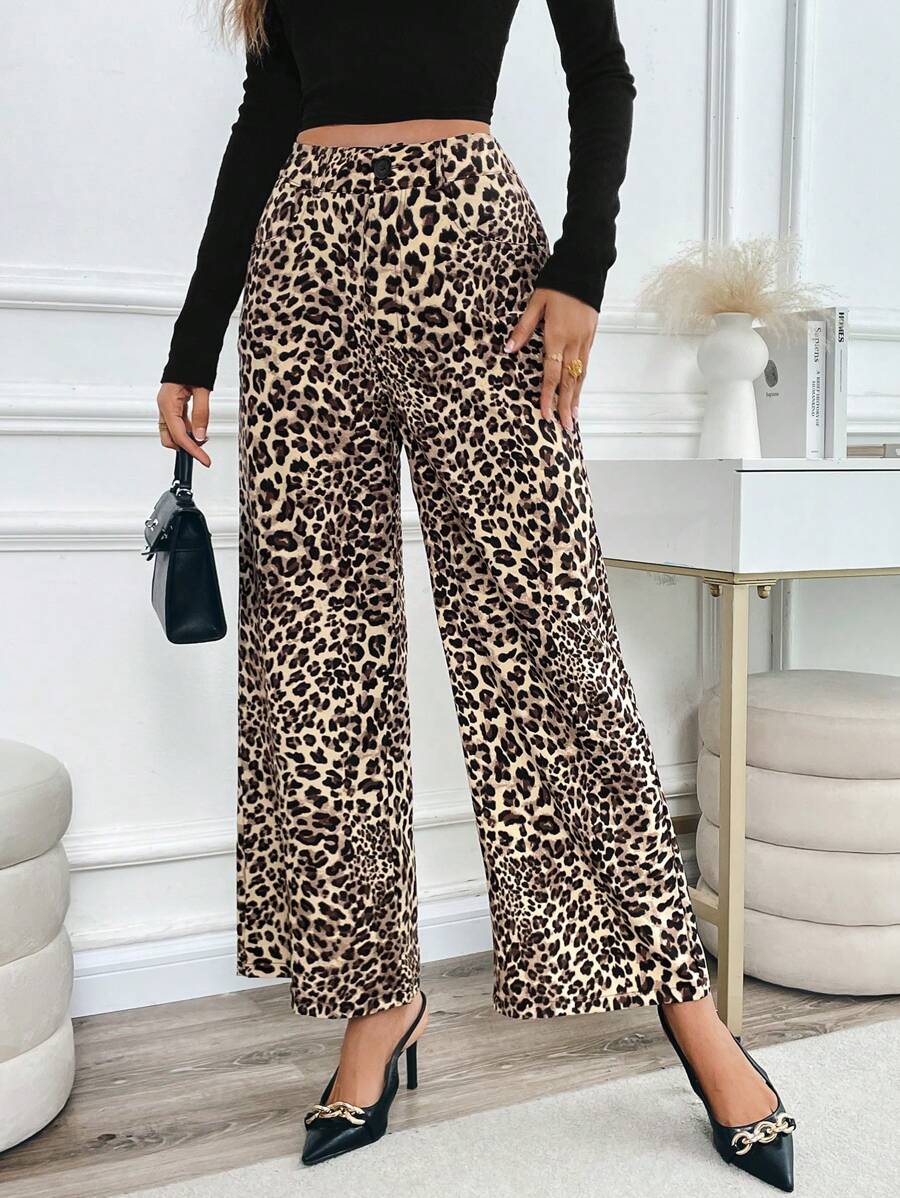 SHEIN LUNE 2024 Autumn New Casual Leopard Print Wide Leg Pocket Pants, Matching Blogger Style Fall Cloth For Women - Multicolor - View 1
