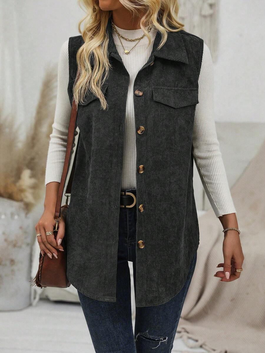 EMERY ROSE Women's Casual Lightweight Front Button Up Vest Jacket For Outings, Autumn - Dark Grey - View 1