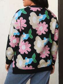 SHEIN LUNE Plus Size Black Floral Pattern Crew Neck Long Sleeve Pullover Sweater, Casual All-Match Knit Jumper For Autumn & Winter,Country Casual