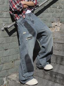 Manfinity EMRG Jeans vaqueros informales, anchos y holgados con efecto desgastado en azul oscuro liso para hombre, un regalo para el esposo o el novio