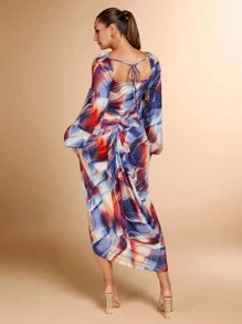 SHEIN BAE Vestido de mujer de talla grande elegante con estampado de mármol, abertura, drapeado y volantes, adecuado para uso casual, vacaciones, citas y fiestas