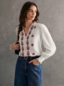 Poéselle White Linen Embroidered Red Flower Long Sleeve Blouse, Women Embroidery Embellished Long Sleeve Tops, Fall Women's, Bohemian Style, Featuring Intricate Embroidery, Luxurious Fabric And Excellent Breathability, Perfect For Daily Wear, Commuting, Vacation And Home Leisure. - White - View 8