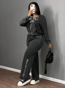 Slaydiva 2pcs/Set Women Casual Acid-Washed Pattern Knitted Set - Grey - View 4