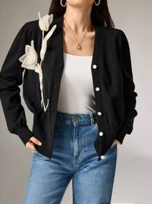Seusyu 1pc Women Front Button Decor Long Sleeve Floral Top, Casual Daily Wear - Black - View 6