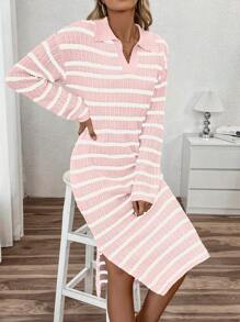 Chiquease Women's POLO Collar V-Neck Striped Low-Cut Casual Long Knit Sweater Dress