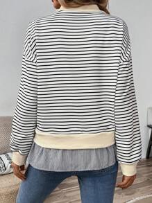 SHEIN LUNE Áo nỉ dài tay cổ đứng in sọc, kiểu dáng thường ngày, đa năng, thích hợp cho mùa thu. - Đen và trắng - Xem 2
