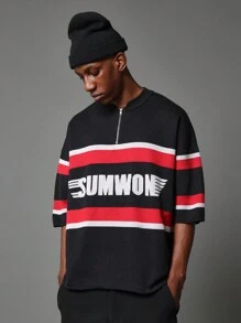 SUMWON 超大号拼色半拉链 Polo 针织上衣 - 黑色 - 查看 1
