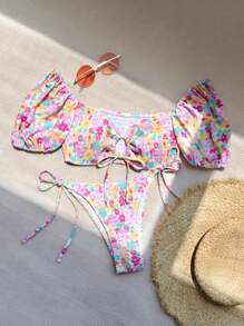 Swim Vcay Summer Beach Floral Print Drawstring Front Bikini Set - Multicolor - View 3