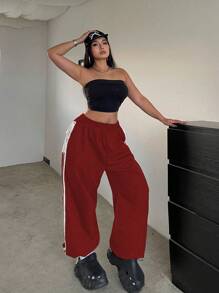 Flirla Pantalones con dobladillo para mujer de talla grande, con bordado en la costura lateral, cintura elástica con cordón ajustable y tobillos