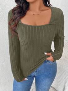SHEIN Frenchy Camiseta ajustada de cuello redondo acanalada de talla grande informal - Verde - Ver 4