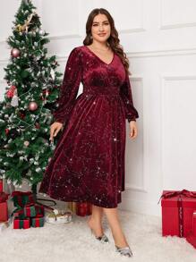 SHEIN Clasi Plus Size Solid V-Neck Sequin Patchwork Elegant Long Sleeve Christmas Party Dress - Burgundy - View 4