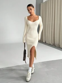 Flirla Women Autumn/Winter Sexy V-Neck Flare Sleeve Ribbed Fitted Midi Dress With Slit Hem Fall Cloth For Women