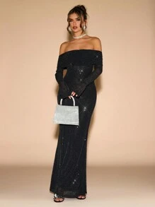 SHEIN BAE 女士露肩长袖亮片鱼尾下摆连衣裙 - 黑色 - 查看 3