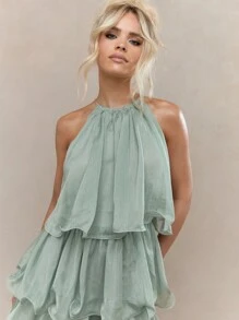 MISSGUIDED 波西米亚风层叠荷叶边露背迷你连衣裙可爱吊带裙圣诞节 - 綠色 - 查看 3