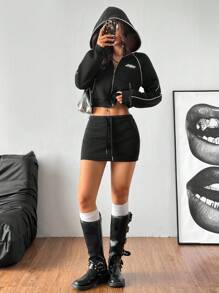 SHEIN EZwear Women's Winter Dark Academia Sportswear Basic Zip Up Hoodies And Mini Skirts Going Out Two Pieces Outfits