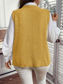 SHEIN Unity Plus Size Solid Color V-Neck Sleeveless Sweater Vest With Pockets, Casual, For Winter - Yellow - View 2