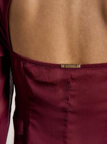 AiiRZ Sheer Front Wrap Long Sleeve With Fur Trim Fitted Top - Burgundy - View 5