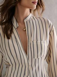 Poéselle Quần áo mùa đông cho nữ, Áo sơ mi sọc, Áo sơ mi nữ dài tay cổ chữ V cạp cao, dài vừa phải, Màu be, Áo dài, Thiết yếu đơn giản, Sang trọng, Công sở, Giải trí hàng ngày - Màu be - Xem 6