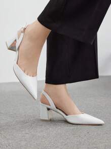 CUCCOO BIZCHIC Apricot Color Mirror Surface Women's Chunky Heel Pumps - White - View 3