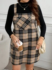 SHEIN LUNE Plus Size Loose Strap Button Pocket Plaid Casual Mini Dress Plus Size Fall Clothes Dresses For Women - Multicolor - View 3