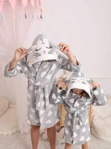 SHEIN Young Girl Cute Minimalist Rabbit Design Heart Pattern Long Sleeve Hoodie With Removable Belt, Soft & Comfortable Flannel Robe, Autumn/Winter (Sibling Outfits, Sold Separately) - Grey - View 8