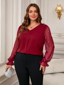 EMERY ROSE Blusa elegante de Navidad para mujer de talla grande con cuello en V, detalles de malla y decoración de perlas falsas, ropa de invierno para mujer