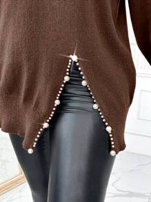SHEIN Clasi Plus Size Casual Solid Color Faux Beaded Decor Split Hem Sweater, Autumn/Winter Knit Pullover Fall - Brown - View 6