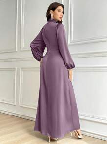 Modelyn 1 pieza Vestido largo de manga larga elegante con cuello alto, dobladillo con volantes y unicolor para mujer, vestido de noche largo - Púrpura polvoriento - Ver 3