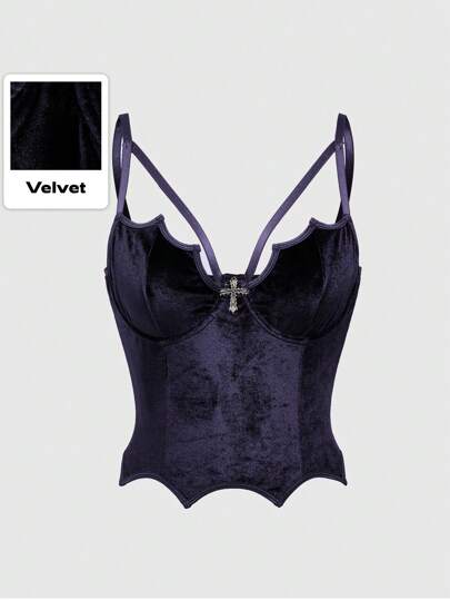 Goth Débardeur de femme à imprimé croix avec ourlet asymétrique sexy de style luxe de tribunal en velours en forme de chauve-souris