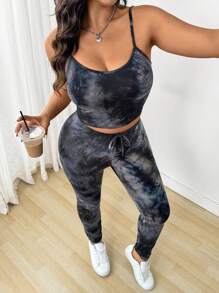 SHEIN EZwear 大码 2 件套扎染吊带背心上衣和裤子，随机扎染图案，适合夏季 - 黑色 - 查看 6