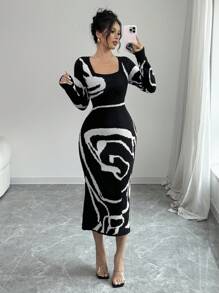 Elenzga Women Patchwork Fitted Waist Long Sleeve Elegant Knit Sweater Dress Fall Winter Cloth For Women