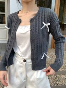 INAWLY 1 Stück Damen Rundhals Knopfverschluss Schleife Dekor Langarm Strickjacke