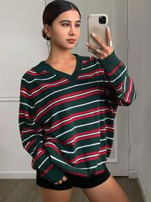 DAZY 秋季女士宽松条纹圆领长袖针织毛衣