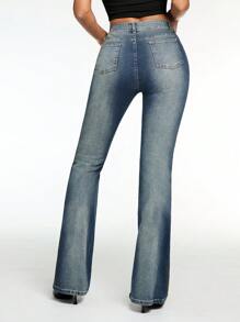 SHEIN BAE 女士性感紧身低腰喇叭牛仔裤，蓝色 - 深色水洗藍 - 查看 2