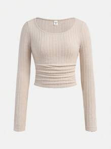 SHEIN Nastolatka 1 otrzymaj 2 za darmo 3 sztuki Czarny morelowy szary Jesień i zima All-Match Casual i sportowy ściągacz dzianinowy marszczony detal Długi rękaw T-shirt