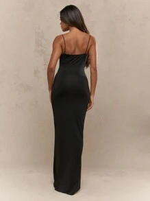 MISSGUIDED Elegant Straight Neck Cami Maxi Dress Evening Floor Length Formal Gown Wedding Guest Special Occasion Bridesmaid Sleeveless Empire Waist Long Dress - Black - View 2
