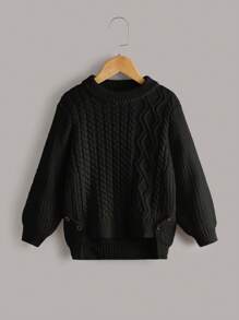 SHEIN Young Girl Sweater Pullover 3D Twisted Rope Elegant And Cute Ribbed Knitted Long And Short Legs Asymmetrical Button Binding Personalized Childish Fashion Warm Soft High Quality Casual Versatile Suitable For Playing Daily Outing Suitable For School Sweaters Knitwear Autumn And Winter Autumn And Winter Sweaters Knitwear - Black - View 1
