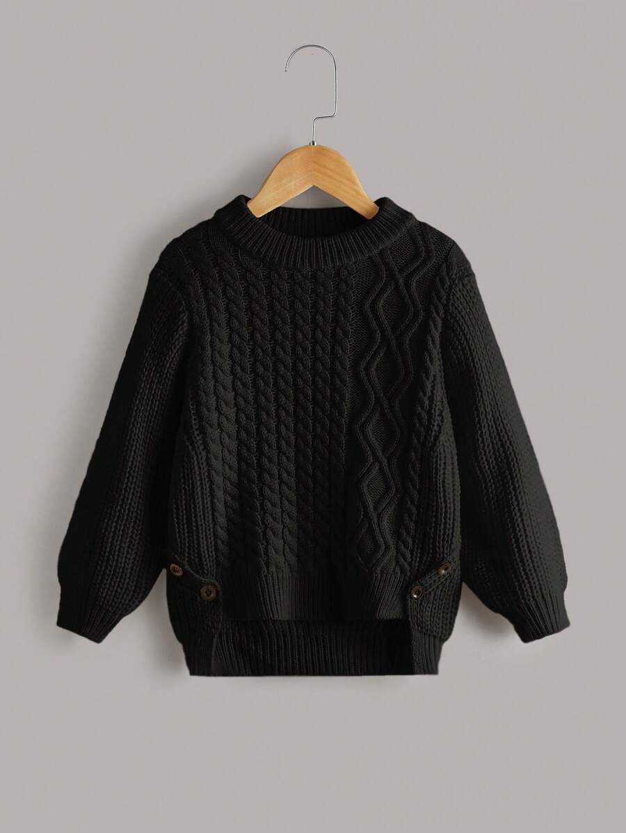 SHEIN Young Girl Sweater Pullover 3D Twisted Rope Elegant And Cute Ribbed Knitted Long And Short Legs Asymmetrical Button Binding Personalized Childish Fashion Warm Soft High Quality Casual Versatile Suitable For Playing Daily Outing Suitable For School Sweaters Knitwear Autumn And Winter Autumn And Winter Sweaters Knitwear - Black - View 1