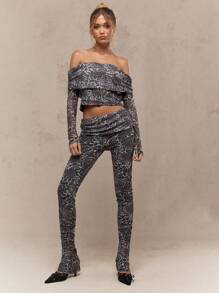 MISSGUIDED Pantalones con estampado de leopardo, cintura fruncida y plegable, y bajo acampanado