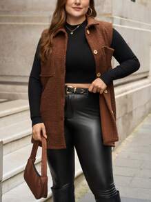 RueChic Frenchy Fall Outfits Teddy Vest Jacket, - Chocolate Brown - View 1