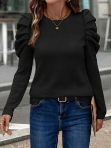 SHEIN LUNE Women Casual Ruffle Shoulder Design Long Sleeve Top, Autumn/Winter - Black - View 6