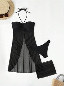 Swim Basics 夏季海滩女士露背系带开衩下摆比基尼套装（3 件）黑色罩衫 3 件套泳衣 - 黑色 - 查看 4