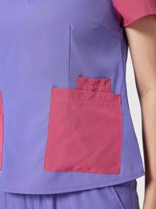 TaskEZ Women's Contrast Color V-Neck Top And Pants Uniform Scrub Set - Purple - View 4