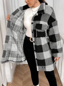 SHEIN LUNE Double-Sided Fuzzy Plaid Printed Front Button Long Sleeve Plus Size Jacket Winter Clothes - Multicolor - View 7