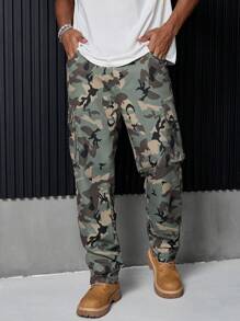 PAVTROS 男士火焰印花喇叭休闲迷彩印花工装运动裤，男朋友礼物，外出长款街头穿着裤，送给老公，男朋友礼物 - 軍綠色 - 查看 1