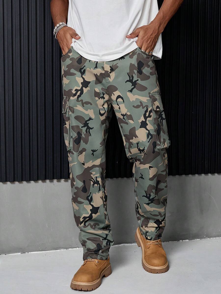 PAVTROS 男士火焰印花喇叭休闲迷彩印花工装运动裤，男朋友礼物，外出长款街头穿着裤，送给老公，男朋友礼物 - 軍綠色 - 查看 1