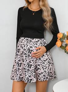 SHEIN 2pcs Maternity Set - Solid Color Round Neck Long Sleeve Top & Adjustable Waist Allover Print A-Line Skirt, Autumn