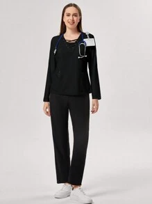 TaskEZ 3pcs Women Simple Cross Strap Double Pockets Nurse Scrub Uniform Top Set - Multicolor - View 3