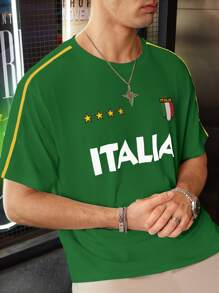 Manfinity Dauomo Men's Solid Color Patchwork Round Neck Short Sleeve Letter Print Simple Casual T-Shirt - Green - View 1