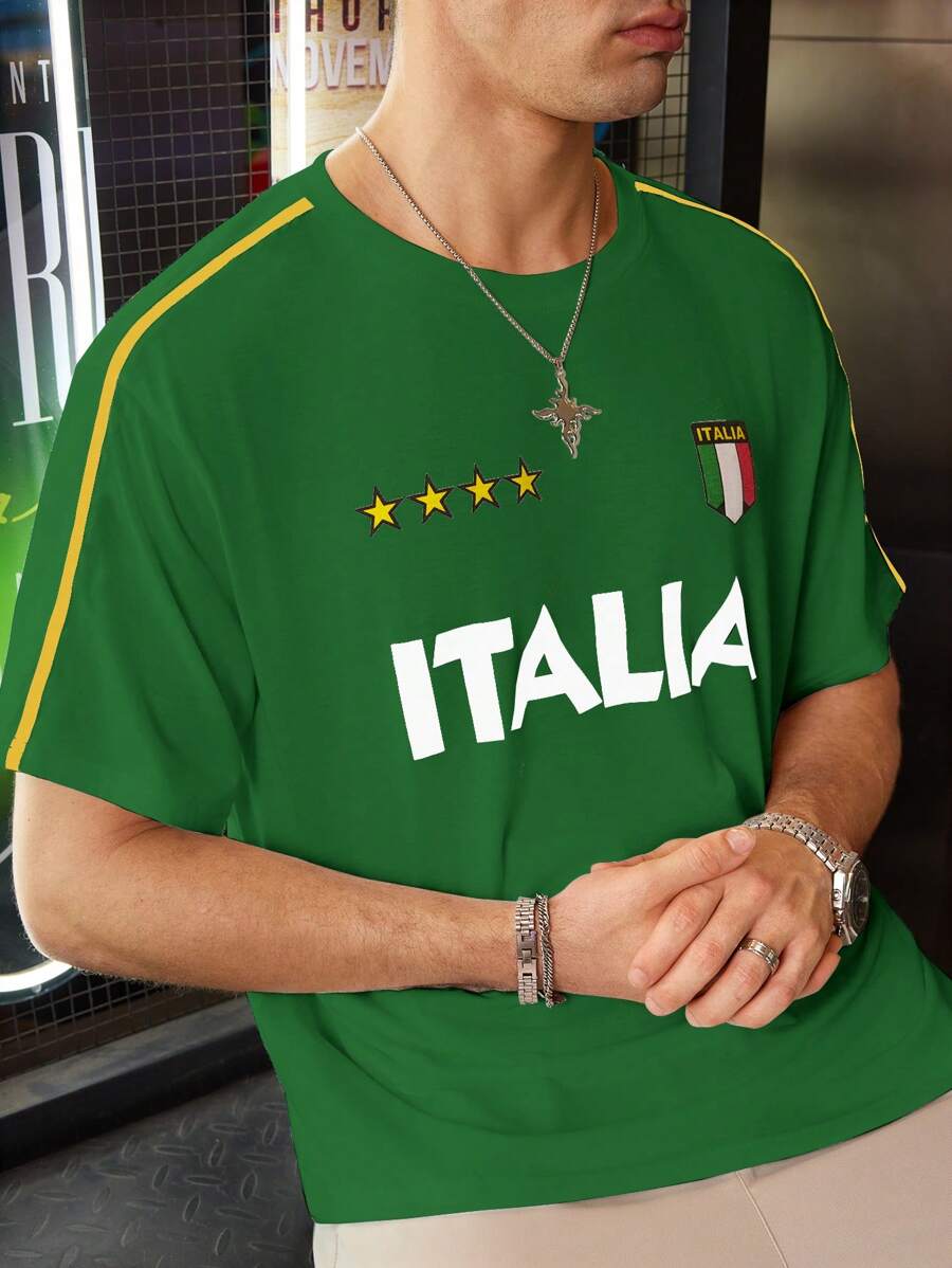 Manfinity Dauomo Men's Solid Color Patchwork Round Neck Short Sleeve Letter Print Simple Casual T-Shirt - Green - View 1